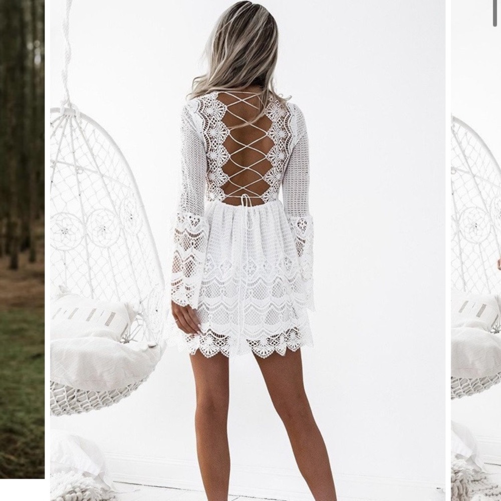 Boho Lace-Up Back Mini Dress - White